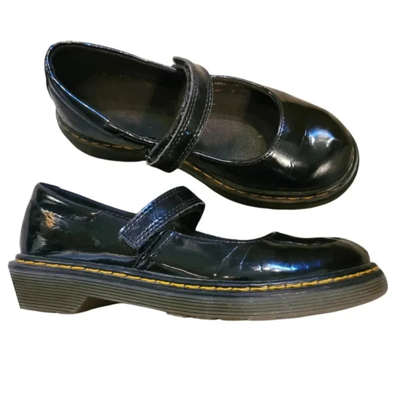 DR. MARTENS Maccy black patent leather Mary Jane Velcro straps shoes Girls 2 - Picture 1 of 12